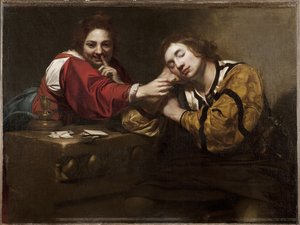 Scène de bonne aventure (un dormeur réveillé par une jeune femme)