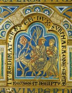 Moïse retourne en Egypte avec sa femme Zipporah et ses deux fils ... (émail sur cuivre doré)