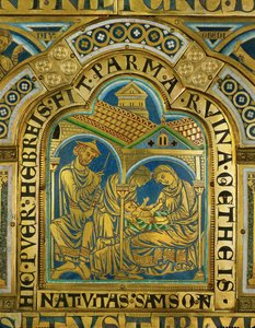 La naissance de Samson, Manoah avec un chapeau de juif médiéval ... (émail sur cuivre doré)