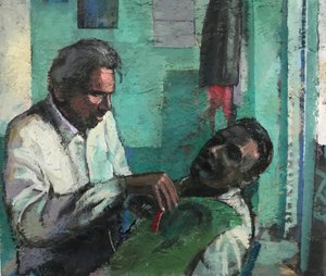 Barbershop, 2017-23 (huile sur panneau)