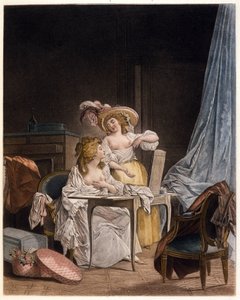 La comparaison. Deux femmes comparent la taille de leur poitrine. Gravure de Nicolas Lavreince (1737-1807), vers 1782 - Niclas II Lafrensen