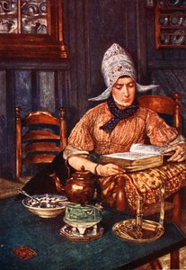 Intérieur avec femme lisant un livre