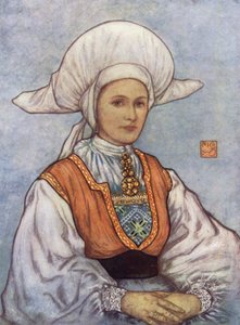Norvège : Bonnet blanc porté dans le district de Bergen (lithographie en couleur) - Nico Jungman