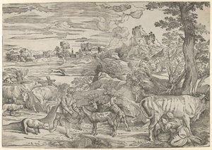 Paysage avec une laitière à droite et un garçon à gauche, vers 1535-40 - Nicolò Boldrini