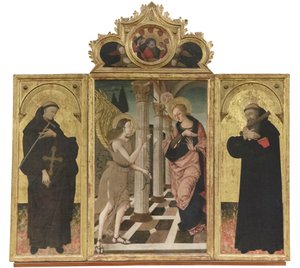 Annonciation entre les saints Jean Gualbert et Benoît, c.1500-05 (triptyque sur panneau) - Nicola de Maestro Antonio