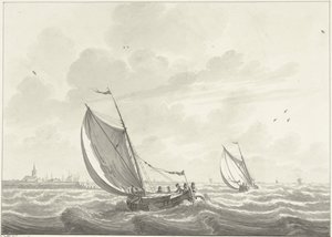 Navire sous voile sur la Meuse, au loin les villages d