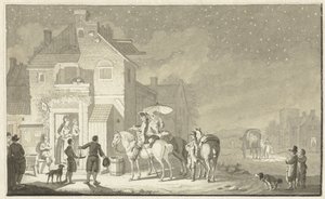 Groupe de voyageurs devant une auberge le soir