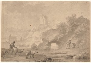 Berger et pêcheurs dans un paysage fluvial méridional - Nicolaes Berchem