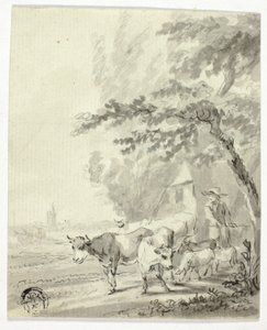 Homme gardant des vaches et des moutons