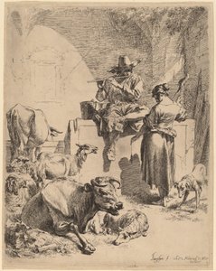Le berger assis sur une fontaine et la fileuse - Nicolaes Berchem