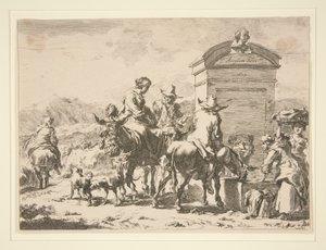 Sans titre - Scène de genre avec des gens sur des ânes et une pierre tombale - Nicolaes Berchem