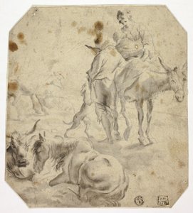 Femme et enfant sur un âne, homme, chiens, chevaux - Nicolaes Berchem