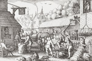 Villageois néerlandais du 17e siècle fabriquant des cordes