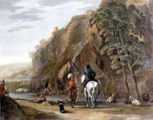 Paysage italianisant avec des figures et un cheval sur une route - Nicolaes Pietersz. Berchem