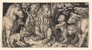 Lion couronné de Chimères de combat et scènes des Fables d