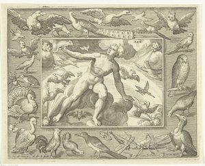 Élément air comme jeune homme sur des nuages entre des oiseaux volants - Nicolaes de Bruyn