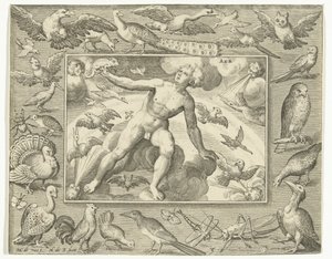 Élément air comme jeune homme sur des nuages entre des oiseaux volants - Nicolaes de Bruyn