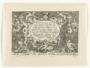 Page de titre avec titre dans une cartouche entourée de singes travaillant comme orfèvres (Animalivm qvadrvpedvm) (Animaux dans des paysages) - Nicolaes de Bruyn