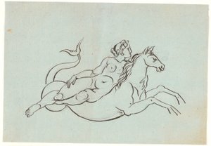 Une femme nue allongée sur un hippocampe
