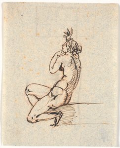 Une femme nue assise, tournée vers la gauche, avec la main droite levée