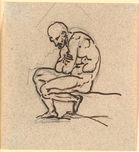 Un homme nu assis et courbé, profil gauche