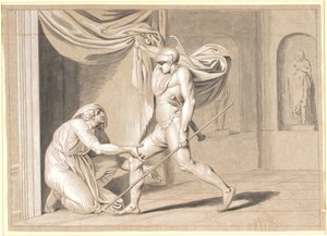 Un soldat trouve Claudius, craignant de devenir empereur, caché derrière un rideau - Nicolai Abildgaard