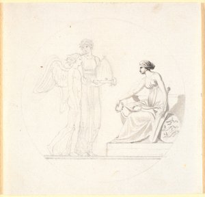 Une jeune femme avec une ruche conduit un jeune homme ailé vers une figure féminine assise - Nicolai Abildgaard