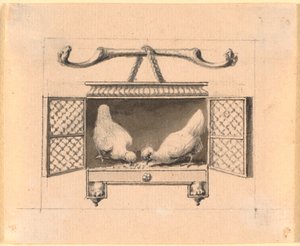 Un couple de poules dans une cage picorant des grains - Nicolai Abildgaard
