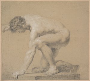 Modèle à demi-agenouillé. Genou droit appuyé sur un coussin. Bras droit levé derrière la tête. Bras gauche appuyé - Nicolai Abildgaard