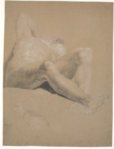 Modèle semi-allongé. Bras droit plié et main cachée sous la tête. Jambe gauche pliée. Jambe droite presque étendue. Tête d
