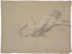 Modèle à moitié allongé. Vu de dos. Bras gauche tendu, main tenant une corde. Jambes pliées, droite sous gauche - Nicolai Abildgaard
