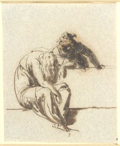 Au premier plan une figure féminine assise et courbée, derrière un parapet une autre se penche vers elle - Nicolai Abildgaard