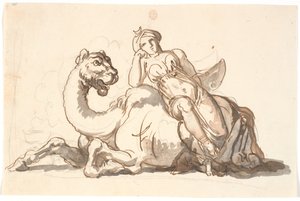Figure féminine avec turban et croissant de lune, assise appuyée contre un chameau fantastique. Allégorie de l