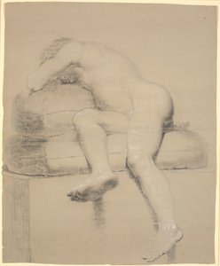 Modèle masculin allongé, vu en raccourci depuis les pieds - Nicolai Abildgaard