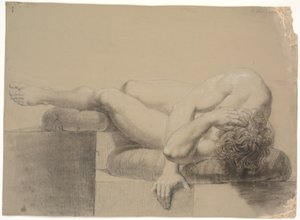 Modèle allongé. Vers la gauche. Tête et torse reposant sur un coussin, jambes levées et jambe gauche reposant sur un autre coussin - Nicolai Abildgaard