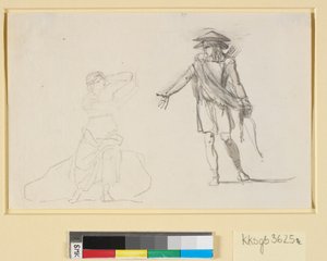 Scène entre deux figures. À gauche, une femme assise avec le torse nu, à droite, un homme marchant avec un arc et un carquois - Nicolai Abildgaard