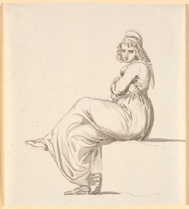 Femme enceinte assise avec les bras croisés, de profil à gauche