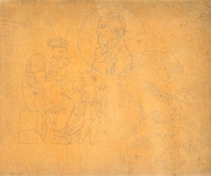 Femme assise avec deux enfants et portrait de profil en composition circulaire - Nicolai Abildgaard