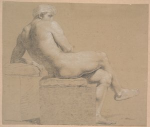Modèle assis avec un foulard sur la tête. Assis sur un socle avec un coussin. Tourné vers la droite. Appuyé contre un socle plus haut où repose le bras gauche. Jambes croisées - Nicolai Abildgaard