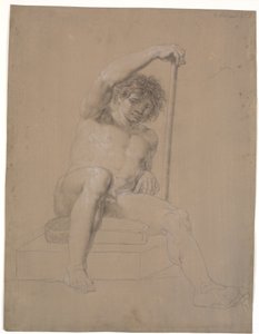 Modèle assis sur un socle bas avec un coussin. Vu de face. Une baguette dans la main gauche. Jambe droite étendue - Nicolai Abildgaard