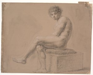 Modèle assis sur un socle bas avec coussin. Jambe gauche sur la droite - Nicolai Abildgaard