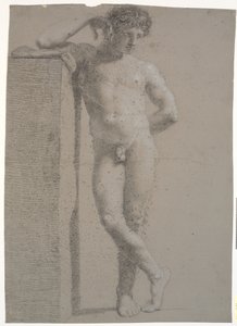 Modèle debout. Vu de face. Bras droit appuyé sur un haut piédestal. Jambes croisées - Nicolai Abildgaard