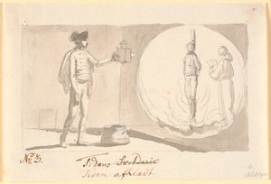 Le temps déshabillé. Un officier hussard avec une lanterne magique montre une image d