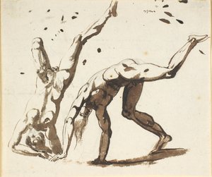 Deux hommes nus faisant des acrobaties