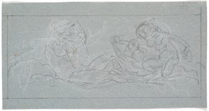 Esquisse pour un linteau de porte. Un jeune homme couché verse de l