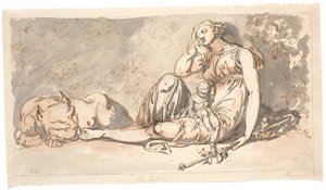 Esquisse pour un linteau de porte. Le sommeil, une figure féminine allongée avec un petit enfant et à sa droite un lion - Nicolai Abildgaard