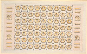 Esquisse pour un plafond avec des caissons hexagonaux et des rosettes en jaune et violet