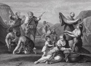 La Chute de la manne, Exode, Ch 16, vs 14, 24 (gravure) - Nicolas (after) Poussin