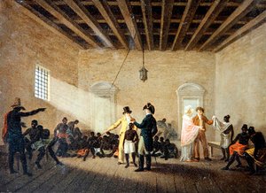 Un intérieur avec des marchands d
