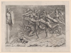 Archers nus tirant sur une cible attachée à un hermès, Cupidon dormant en dessous